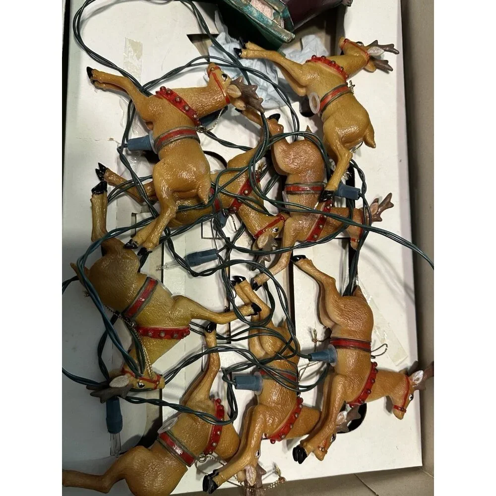 VTG Kurt Adler Santa Sleigh W/ 8 Reindeer 10 Novelty Christmas Lights + Box
